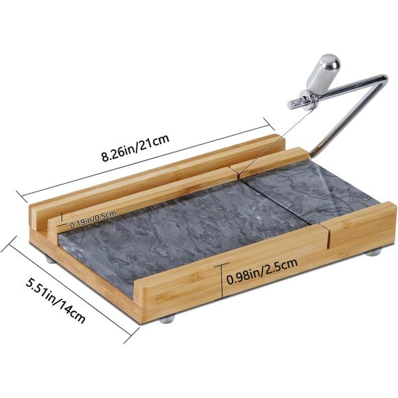 Bamboo & Marble Cheese Slicer w/ 4 Wires | Heavy Duty Butter Cutter Board Stand - Picture 2 of 9